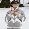 Women Chevron Color Block Padded Ski 2 Piece Set Fleece Collar Zipper Snow Jacket Cargo Wide Leg Pants Winter Snowboard Outfits