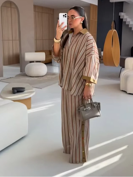 Striped Print Shirt Pants Set Turn Down Collar Three Quarter Sleeve Blouses Wide Leg Trousers Suit Casual Chic Women Outfit