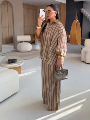Striped Print Shirt Pants Set Turn Down Collar Three Quarter Sleeve Blouses Wide Leg Trousers Suit Casual Chic Women Outfit