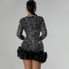 Women Dress Diamonds Splice Ruffles Mini Dresses Square Collar Full Sleeve Slim Fit Sold Evening Party Vestidos Elegant Ladies