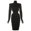 Elegant Hollow Dress Women Turtleneck Ruched Patchwork Full Sleeve Irregular Hem Skinny Stretch Party Club Bodycon