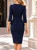 Women Elegant Round Neck 3/4 Sleeve work Knee Length Solid Business Casual Party Slim Bodycon Pencil Dress