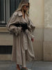 Khaki Lace Up Cape Trench Coat Loose Solid Full Sleeve Lapel Windbreaker Autumn Commute Casual Daily Coats