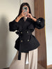 Women Short Belted Trench Coat Lapel Double Breasted Long Puff Sleeve Loose Fit Jacket Casual Daily Office Ladies Outerwear