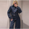 Heart Print Contrast Women Denim Two Piece Set Lapel Waist Cinched Cropped Jacket Wide Leg Jeans Outfit Woman Matching Set
