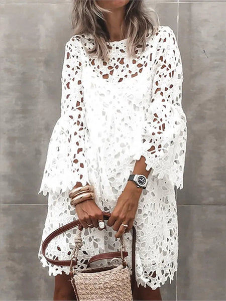 Autumn Women's Solid Color Dress Ethnic Style Sexy Lace Hollow Flower Temperament Elegant Casual Long Sleeved Knee Length Dress