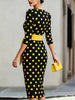 Women Polka Dot Bodycon Midi Dress 3/4 Puff Sleeve Boat Neck Contrast White Tie Waist Slim Pencil Formal Wedding Guest Dresses