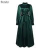 Stylish Waisted Party Dress Autumn Dreses Elegant Women Long Lantern Sleeve Robe Solid A Line Satin Long Dresses