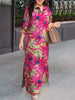 Pure Cotton 3/4 Sleeve Maxi Dress Slit Hem Women Casual Floral Print Long Vestidos Lapel Commute Shirtdress