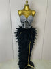 Stock Women Sexy Sparkly Rhinestone Mesh Feather Long Dress Elegant Evening Party Celebrate Birthday Performance Costume