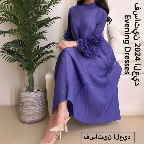 Yudx Purple Pleated High Neck Maxi Evening Dress, Ruffle Sleeve Women's Wedding Guest Ramadan Party Dress