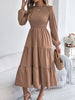Women's Spring Vacation Solid Color Round Neck Long Sleeve Midi Dress with Ruffled Waist