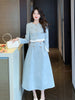 Women's Blue Long Suit Coat Mini Skirts Outfits Korean Spring Autumn Tweed Short Jacket High Waist Half Skirt Two Piece Sets