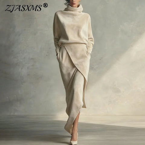 Fall Winter Long Sleeve Dress Suit Woman Elegant Turtleneck Tops Pullover+Irregular Skirt Set Casual Solid Suede Vintage Outfits