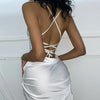 Lace Patchwork Satin Mini Dress Women Bodycon Sexy Lace Up Backless Short Dress Party Elegant Clothes Birthday Evening
