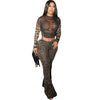 Sexy 2 Piece Set Women See Through Midnight Party Full Sleeve Crop Tops+Pants Matching Clubwear Skinny Autumn Outfits