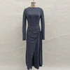 Elegant Long Sleeve Ruched Maxi Dresses For Women O Neck Slim A-Line Long Dress Women Evening Party Dress