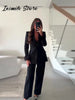 Chic Feather Blazer Pants Set Women Lapel Shoulder Pads Full Sleeve Jacket Pocket Straight Pant Spring Autumn Lady Suit