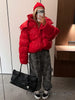 Bright Red Hooded Puffer Jacket Women Oversized Collar Horizontal Quilted Thick Padded Cropped Coats Warm Outwear Winter Wears