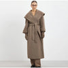 Elegant Shawl Collar Lace Up Long Woolen Coat Women Full Sleeve Belt Lapel Thick Overcoat Autumn Winter Lady Chic Outwear
