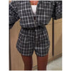 Women Casual Plaid Shorts Set Lapel Long-sleeved Zipper Jacket Short Pants Suit Lady Spring Daily Loose Outfits