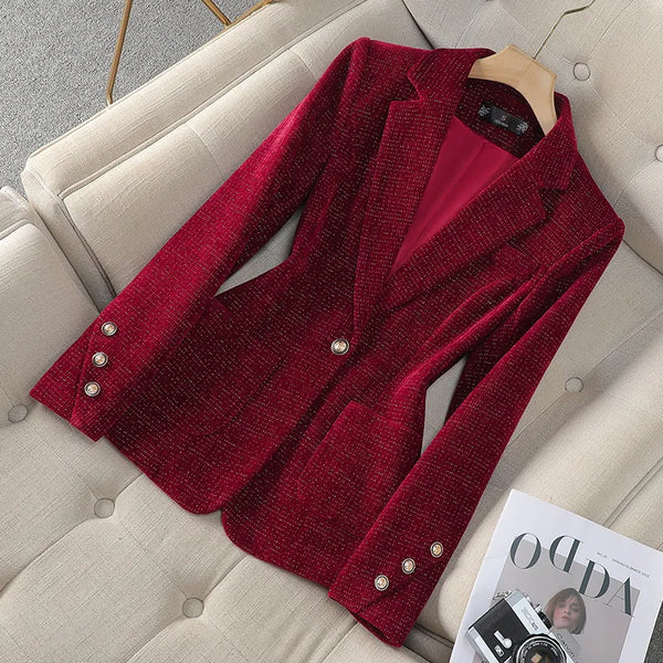 Women Blazer Ladies Red Khaki Black Long Sleeve Blazer Female Casual Business Jacket Autumn Velvet Suit Female Outerwear