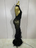 Shining Gold Rhinestones Feather Sexy Mesh Long Dress Women Birthday Evening Red Carpet Show Gown Stage Costume