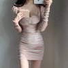 Sexy Style Low Vut V-neck Pleated Dress For Women Spring Autumn Slimming Buttocks Long Sleeved Pink Mini Hip Wrap Dresses