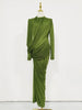 Elegant Vintage Spliced Ribbon Dresses for Women Turtleneck Long Sleeve Irregular Folds Evening Maxi Dress Female