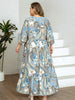 Plus Size Women's Blue-Brown Ethnic Paisley Print V-Neck Half Sleeve Tie Waist Dress