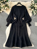 Loose Casual Knit Long Dress Women Solid Elastic Waist Lantern Sleeve O Neck Ladies Winter Sweater Dresses