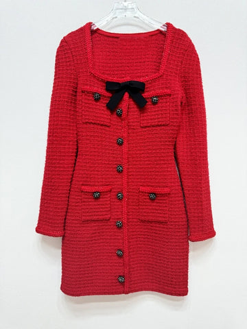 Autumn/Winter Red Square Neck Slim Fit Knitted Women Mini Dress With Bow Long Sleeve Female Party Dress