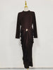 Sexy Evening Party Black Color Midi Dress for Women O Neck Long Sleeve Pachwork Metal Buckle Folds Bodycon Dresses Female