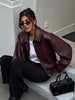 Vintage Wine Red Loose Short Leather Jacket Women Lapel Long Sleeves Zipper Cropped Coat Autumn Lady Street Outwear
