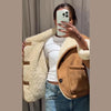 Chic Faux Suede & Fur Reversible Jacket For Women Lapel Single Breasted Pocket Coat Lady Winter Warm Outerwear