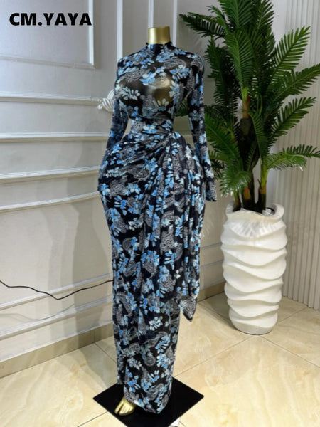 Women Floral Print O-neck Ruched Bodycon Long Maxi Dress Spring Evening Birthday Club Party Vestidos Sexy Dresses