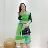 Pleated Printing Dress For Women Spring Loose Color Block Dresses With Belt Female Clothes 2D1127
