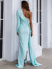 Light Blue Sequin Party Dress Women One Shoulder Long Sleeve Ruffles Side Split Draped Evening Prom Dresses Long Gown