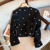 Autumn Winter Heart Buckle Black Wool Tweed Short Jacket Coat Women Vintage Long Sleeve V Neck Wave Cardigan Outwear Top
