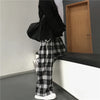Oversize Women Sweatpants Black Plaid Casual Pants Baggy Elastic Waist Pockets Student Unisex Hip Hop Loose Trousers