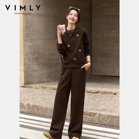Two Pieces Set Woman Winter Casual Embroidery Sweatshirt Wide Leg Pants Fleece Lined Knitted Women Clothes Sets A3288