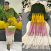 Tassel Patchwok Color Block Dress for Women Pleated Puff Sleeve Mid-calf Dresses Female Autumn