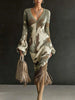 Women's Vintage Camo Print Knitted Maxi Dress Elegant V-Neck High Waist Flare Long Sleeve Slim Fit Tassel Hem Sweater Chic Dress