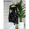 Women Full Sleeve Print Stacked Ruffles Bodycon Mini Dress Fall Evening Birthday Vacation Party Vestidos Sexy Dresses