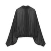 Women's Polka Dot Blouse Skirt Set Spring High Neck Batwing Sleeve Sheer Front Tie Bow Midi A-Line Dress Set