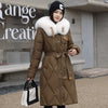 White Fur Collar Down Cotton Parkas Padded Coat Women Winter Long Over The Knee Waist Warm Thick Parkas Coat