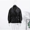 Solid PU Leather Jacket Women Turn-down Collar Zipper Front Puffy Sleeves Stylish Coat Spring Casual Lady Outerwear