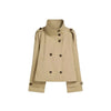 Womens Cropped Trench Coat Double Breasted Stand Collar Belted Waist Street Style Autumn Outerwear Casual Chic Shoulder Epaulets