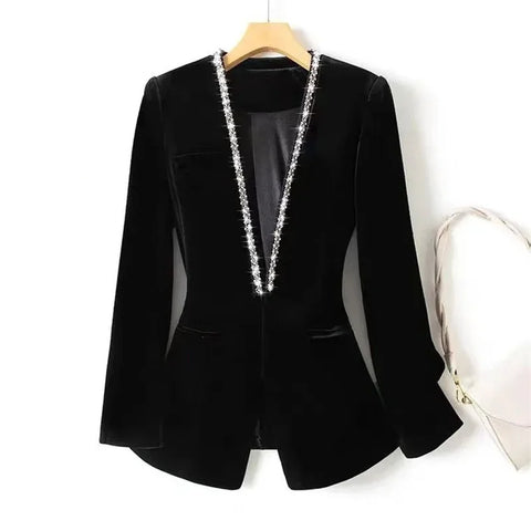 Gold velvet beaded Women Blazer Korean Autumn Long Sleeve Office Work Blazers Lady Jackets Coat Female Tops