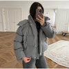 Women Hooded Stand Collar Cropped Puffer Jacket Zip Snap Button Loose Slim Short Quilted Casual Winter Warm Outerwear Coat